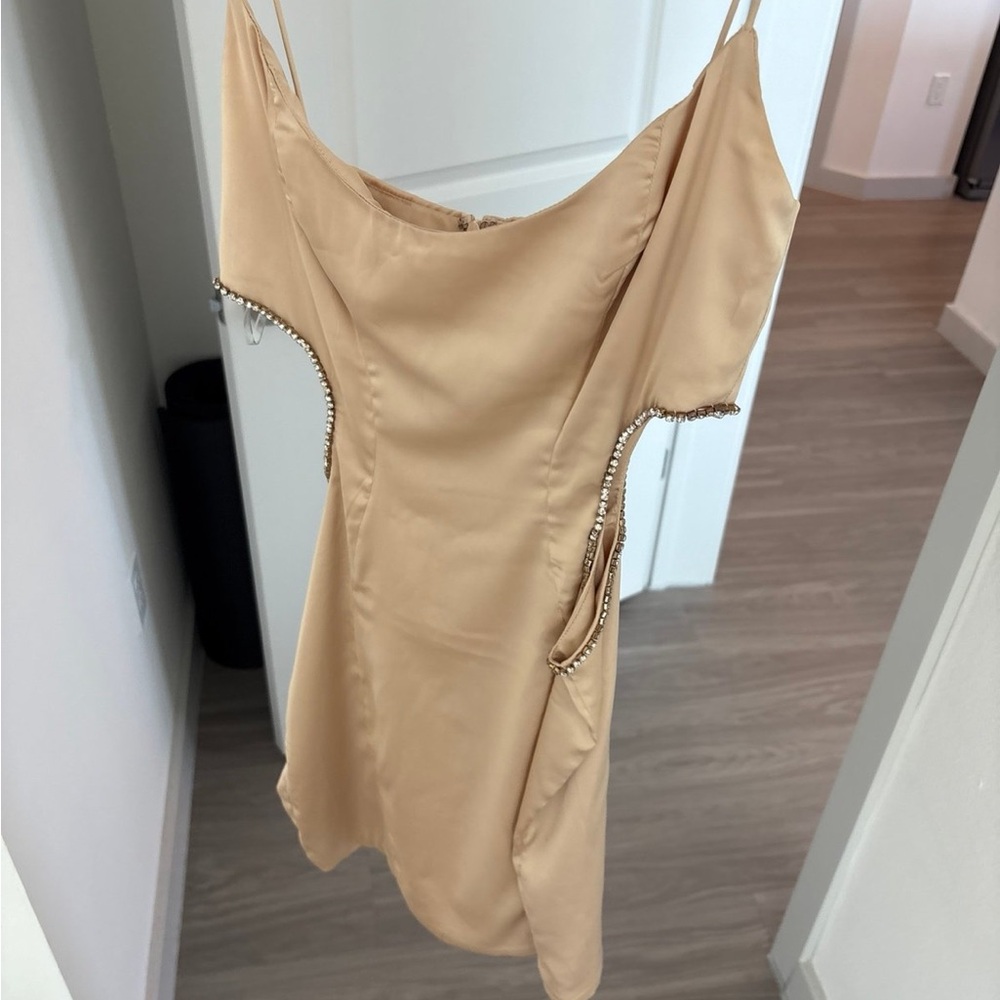 Oh Polly Tan Mini Dress with Diamond Detail